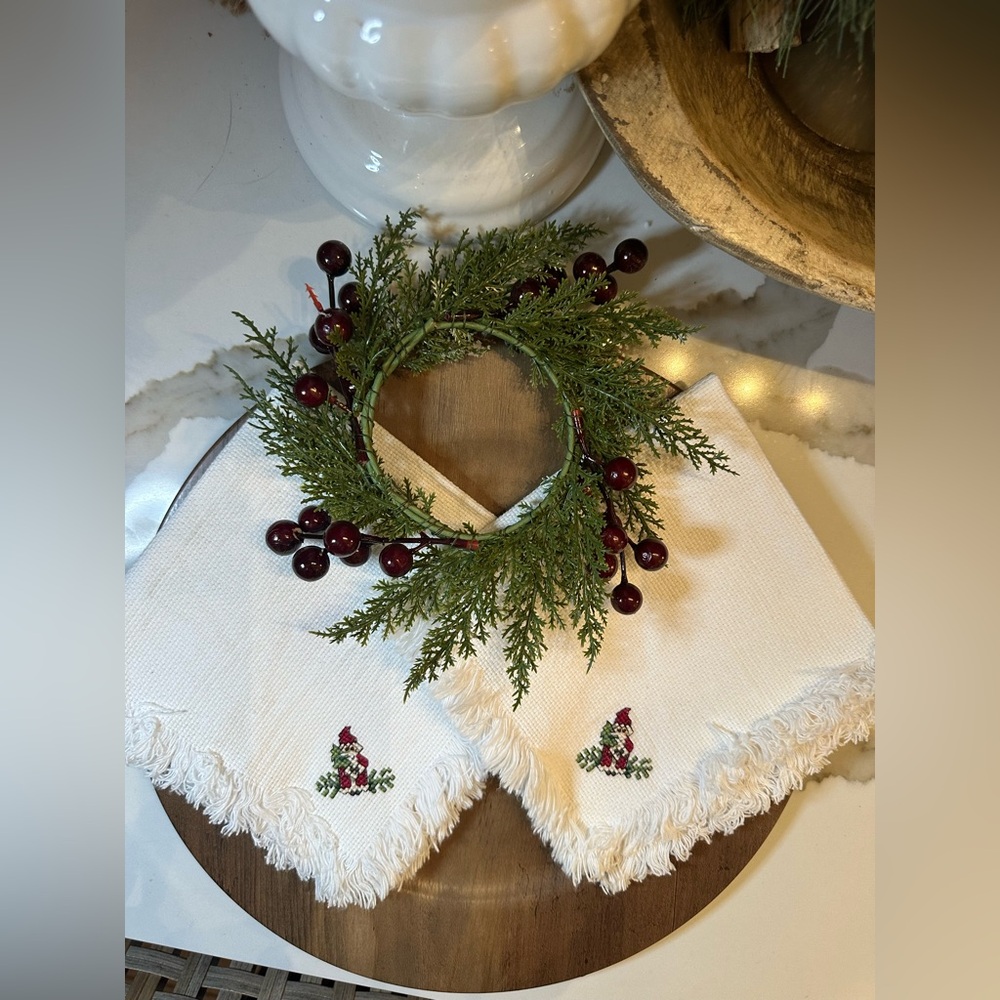 Lot of 2 Embroidered Vintage White Cotton Santa Napkins Cross Stitch Napkins
